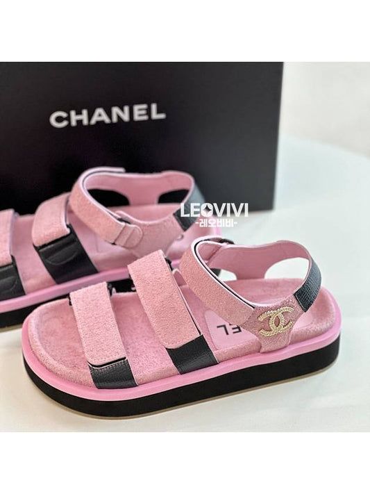 CC Logo Gold Velcro Suede Strap Sandals Pink Black 37 G38062 - CHANEL - BALAAN 2