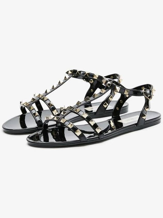 Women's Rockstud Strap Black Flat Sandals 0H38 PVS 0NO - VALENTINO - BALAAN 2