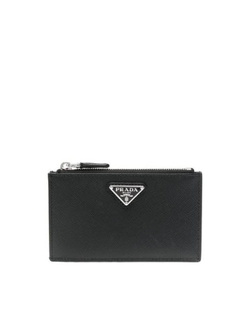 Triangle Logo Zipper Card Wallet Black - PRADA - BALAAN 1