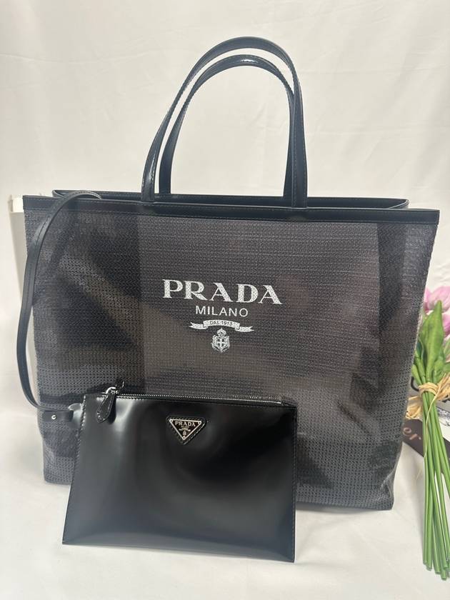 Medium sequin mesh tote bag beach black 1BG416 - PRADA - BALAAN 3