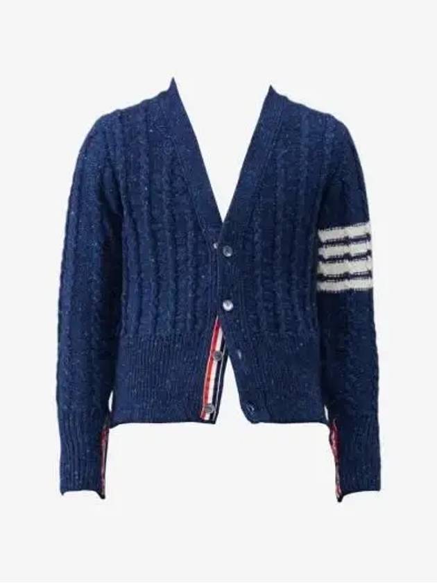 Donegal Twist Cable 4 Bar Classic V Neck Cardigan Blue - THOM BROWNE - BALAAN 3