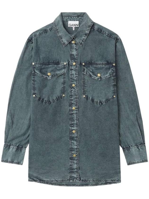 Cotton Poplin Oversized Rivet Long Sleeve Shirt Blue - GANNI - BALAAN 1