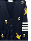 Men's Merino Bird Bee 4 Bar V-Neck Merino Cotton Cardigan Navy - THOM BROWNE - BALAAN 4