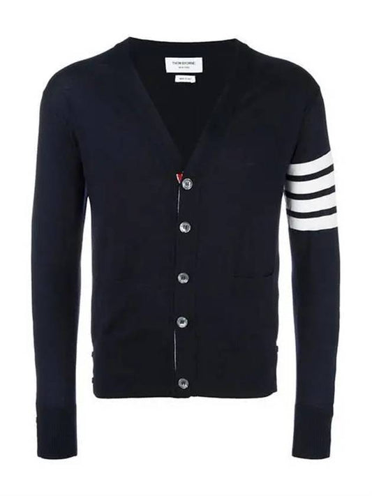 Men's Sustainable Classic Diagonal Wool Cardigan Navy - THOM BROWNE - BALAAN