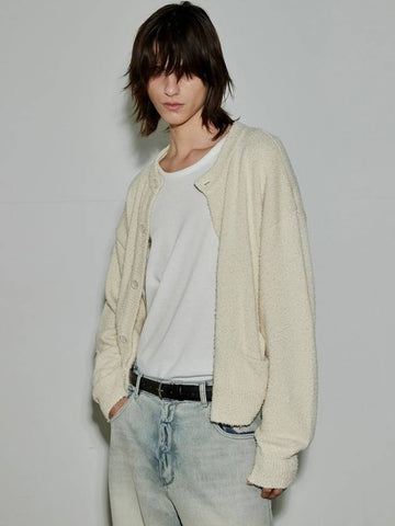 Men's Textured Crop Terry Cardigan Light Yellow - MUILL - BALAAN 1