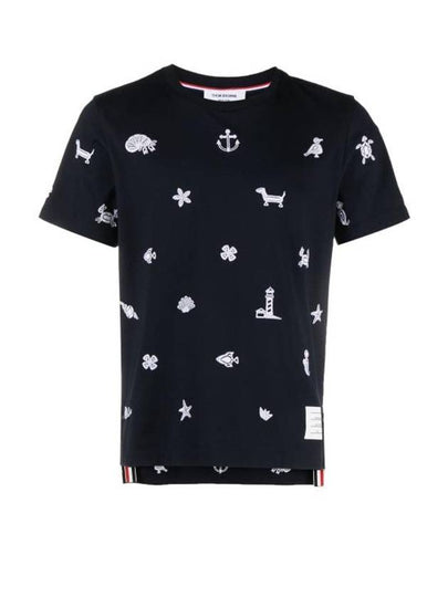 Embroidered Cotton Short Sleeve T-Shirt Navy - THOM BROWNE - BALAAN 2