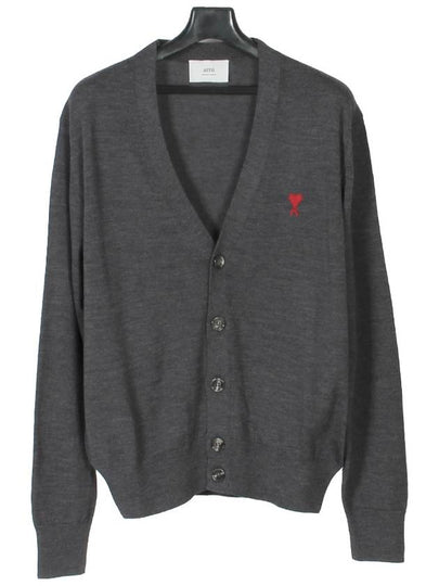 Red Heart Logo Merino Wool Cardigan Heather Grey - AMI - BALAAN 2