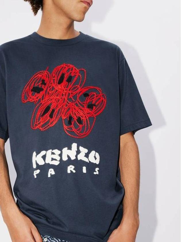 Drawn Varsity Embroidered Classic Cotton T-Shirt Midnight Blue - KENZO - BALAAN 5