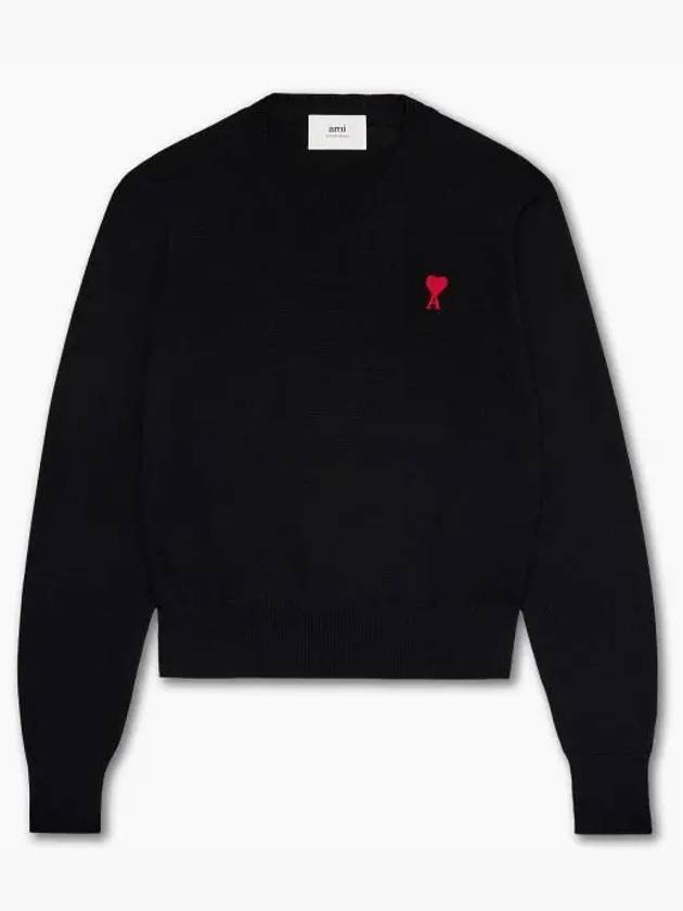 Heart Embroidered Logo Crew Neck Knit Top Black - AMI - BALAAN 2