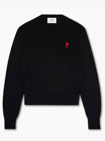 Heart Embroidered Logo Crew Neck Knit Top Black - AMI - BALAAN 2