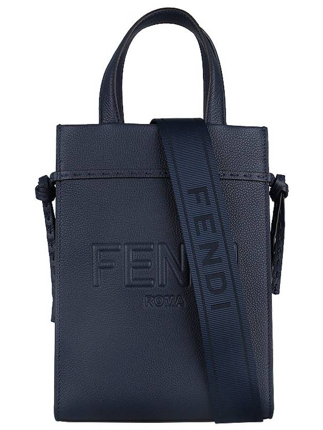 Mini Logo Leather Tote Bag Navy - FENDI - BALAAN 3