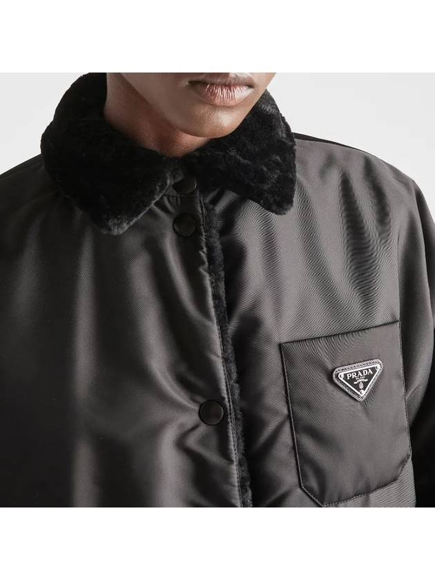 Triangle Logo Reversible Gabardine Shearling Coat Black - PRADA - BALAAN 4