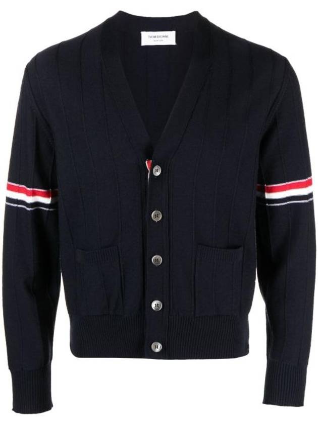 RWB V-neck Striped Virgin Wool Cardigan Navy - THOM BROWNE - BALAAN 2