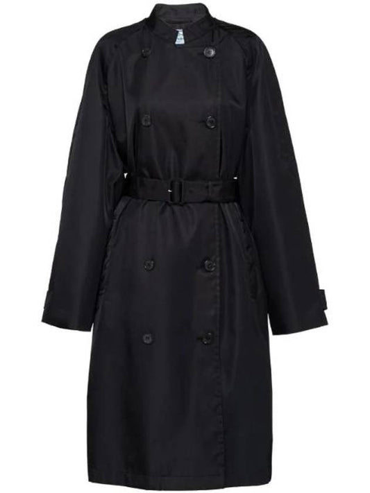 Re-Nylon Double Breasted Belted Waist Raincoat Black - PRADA - BALAAN 1