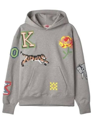 Oversized Pixel Hooded Pearl Gray Sweatshirt Hoodie - KENZO - BALAAN 1