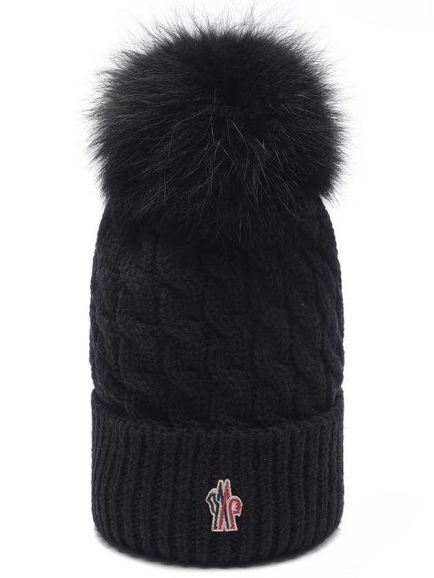 Foxfur Pom Pom Wool Beanie Black - MONCLER - BALAAN 3