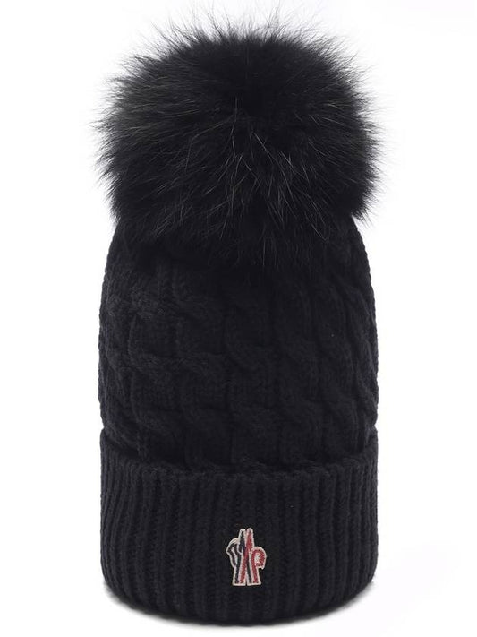 Foxfur Pom Pom Wool Beanie Black - MONCLER - BALAAN 2