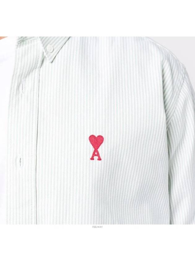 Heart Embroidered Logo Striped Long Sleeve Shirt Green - AMI - BALAAN 6