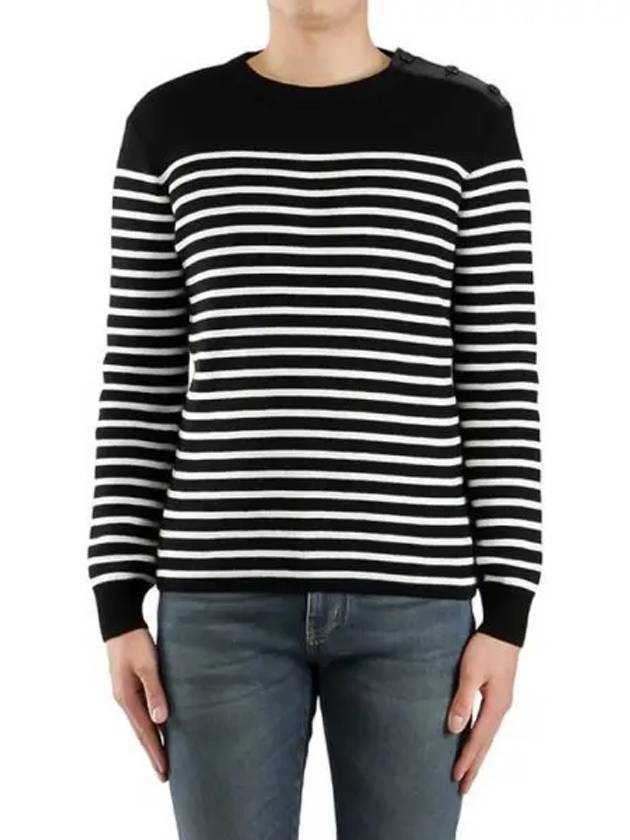 Shoulder Button Striped Knit Top Black - SAINT LAURENT - BALAAN 2