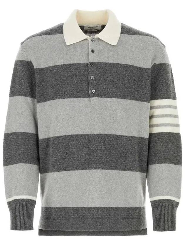 Rugby Striped Merino 4-Bar Long Sleeve Polo Shirt Grey - THOM BROWNE - BALAAN 2