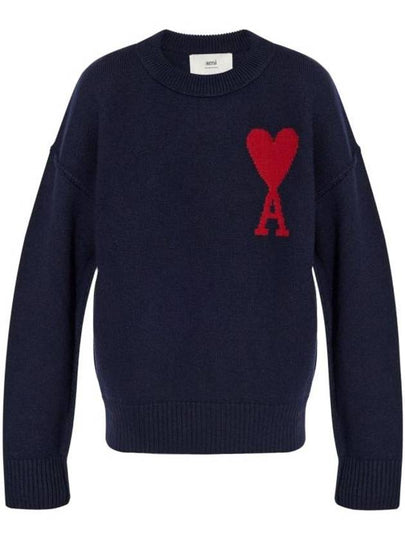 Big Heart Logo Wool Knit Top Navy - AMI - BALAAN 2