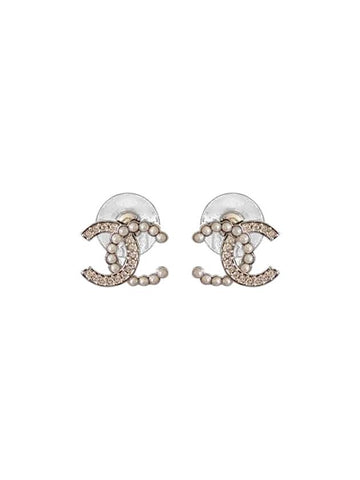 CC Logo Pearl Crystal Earrings Silver - CHANEL - BALAAN 1