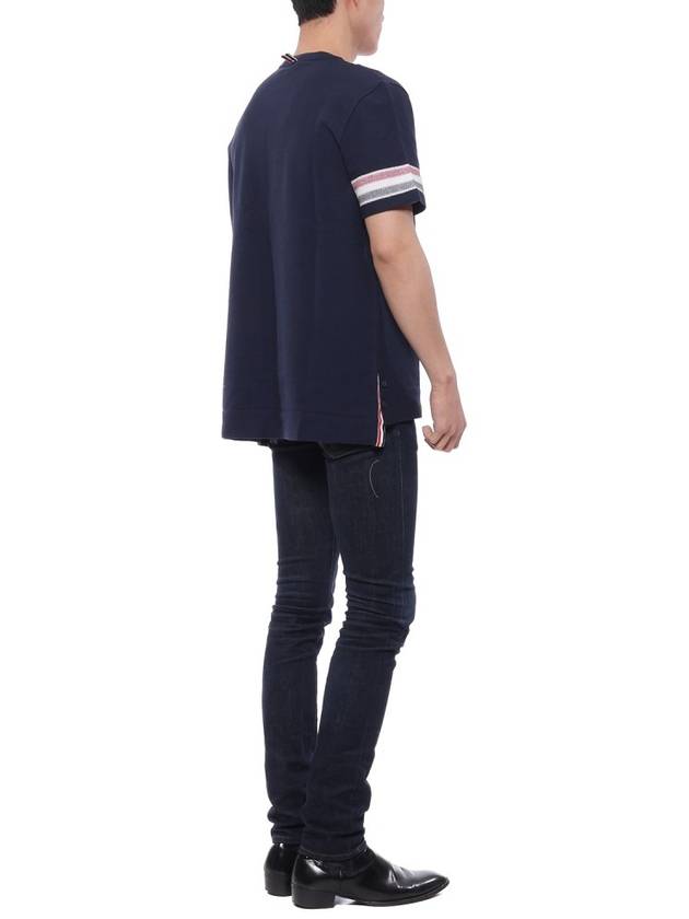 Textured Cotton Stripe Short Sleeve T-Shirt Navy - THOM BROWNE - BALAAN 7