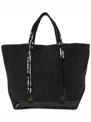 Cabas Linen Sequined Medium Tote Bag Black - VANESSA BRUNO - BALAAN 1