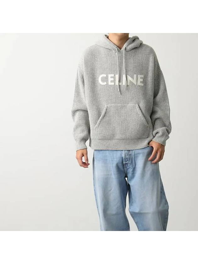 Logo Patch Ribbed Wool Hoodie Light Grey - CELINE - BALAAN 4