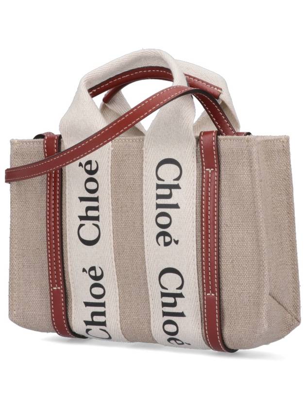 Woody Linen Canvas Calfskin Tote Bag White Brown - CHLOE - BALAAN 3