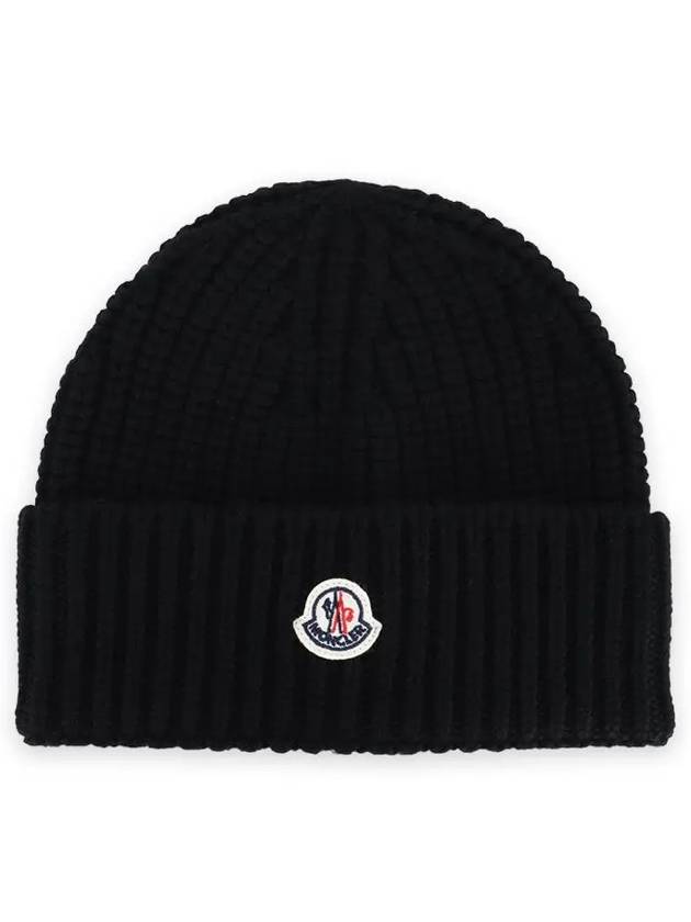 Logo Patch Wool Beanie Black - MONCLER - BALAAN 3