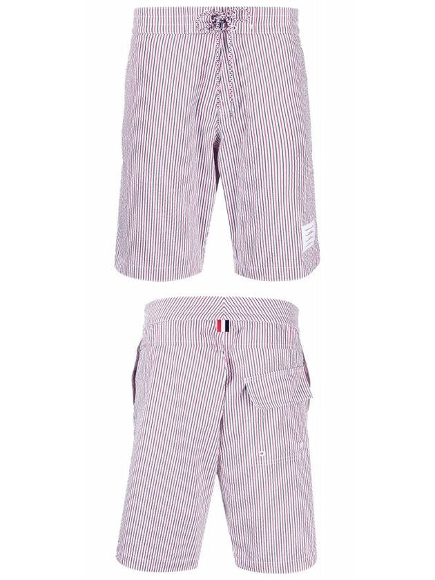 Men's Seersucker 4 Bar Drawstring Board Swim Shorts White - THOM BROWNE - BALAAN 5