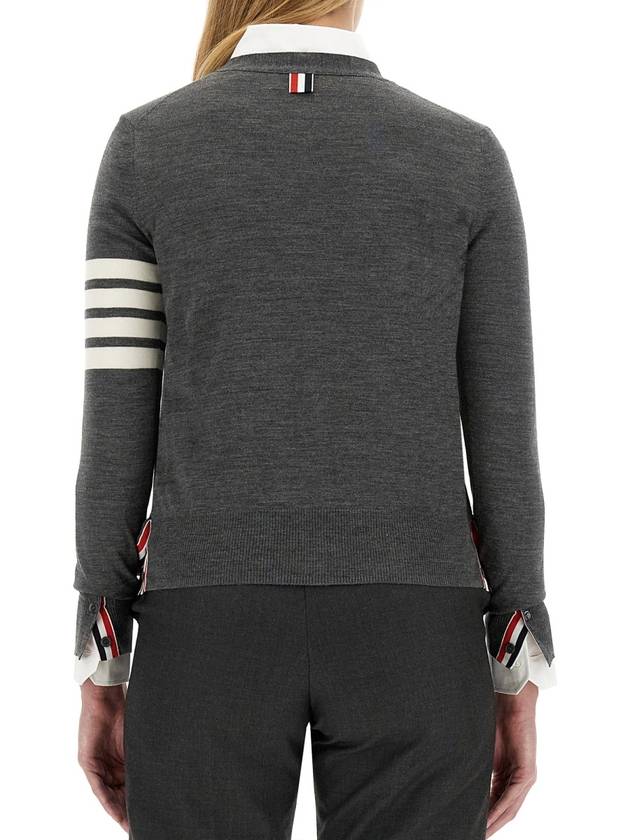 Sustainable Fine Merino Wool 4-Bar Relaxed Fit V-Neck Cardigan Medium Grey - THOM BROWNE - BALAAN 10