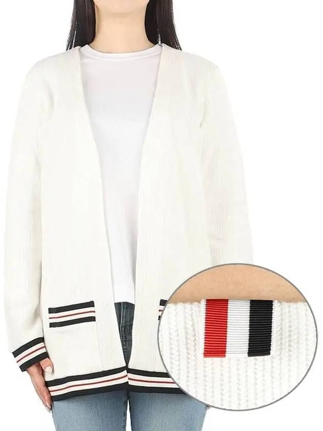 Cricket Stripe Lightweight Textured Cotton V-Neck Cardigan White - THOM BROWNE - BALAAN 2