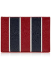 Striped Pebble Grain Leather Single Card Wallet Red - THOM BROWNE - BALAAN 4