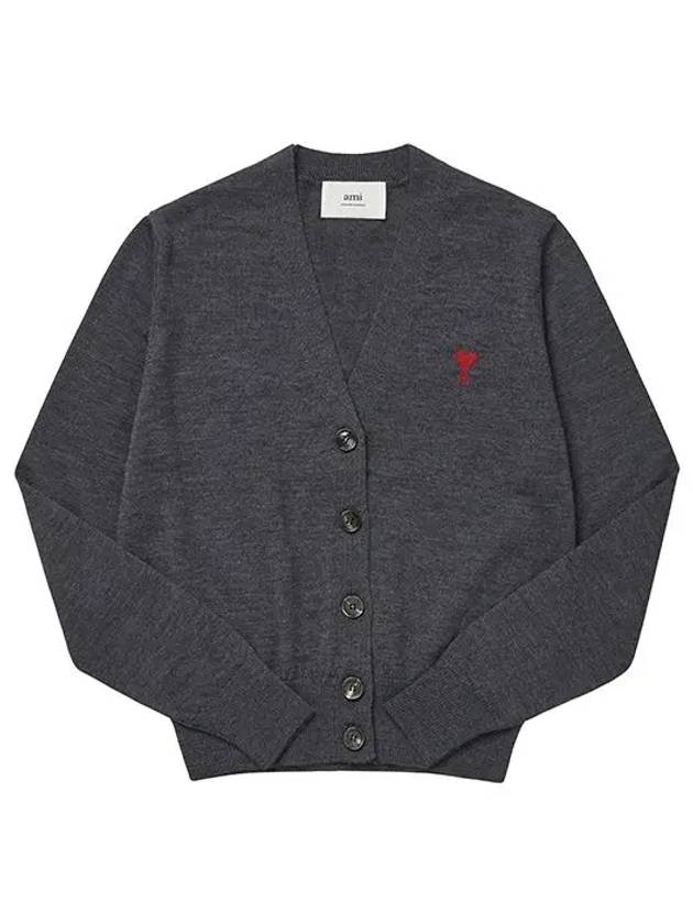 Red Heart Logo Merino Wool Cardigan Heather Grey - AMI - BALAAN 2