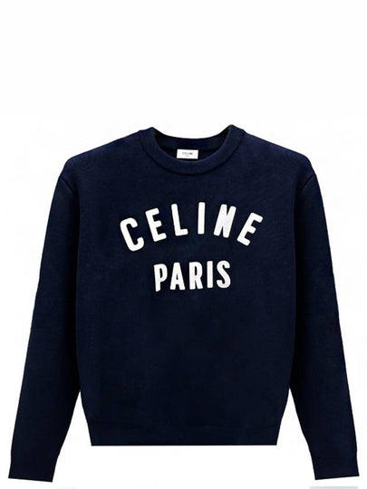 Logo Print Crew Neck Cotton Knit Top Navy - CELINE - BALAAN 2