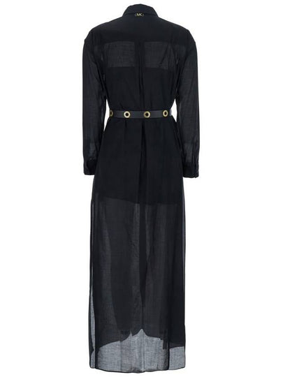 Black Long Dress With Classic Collar And Waist Belt In Cotton Woman - MICHAEL KORS - BALAAN 2