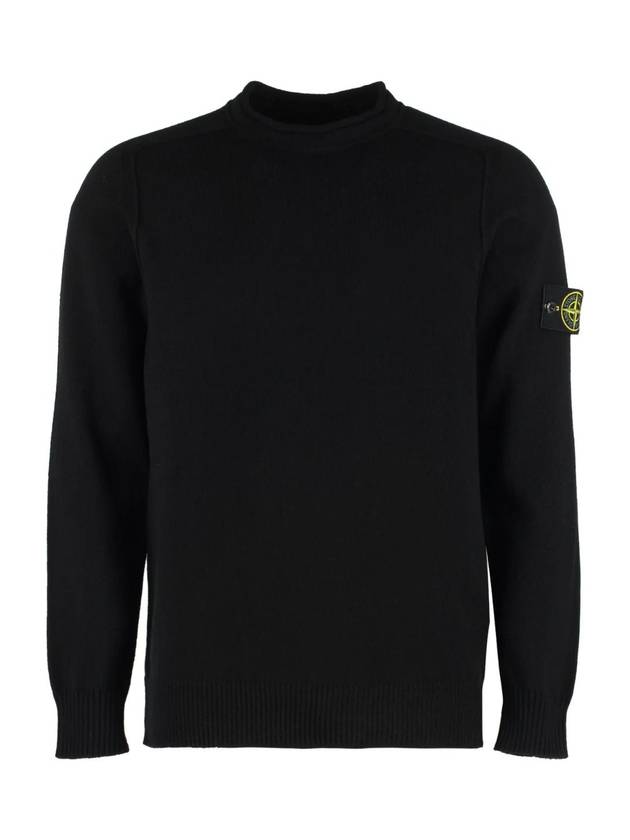 Men's Waffen Patch Crew Neck Raw Cotton Knit Top Black - STONE ISLAND - BALAAN 1