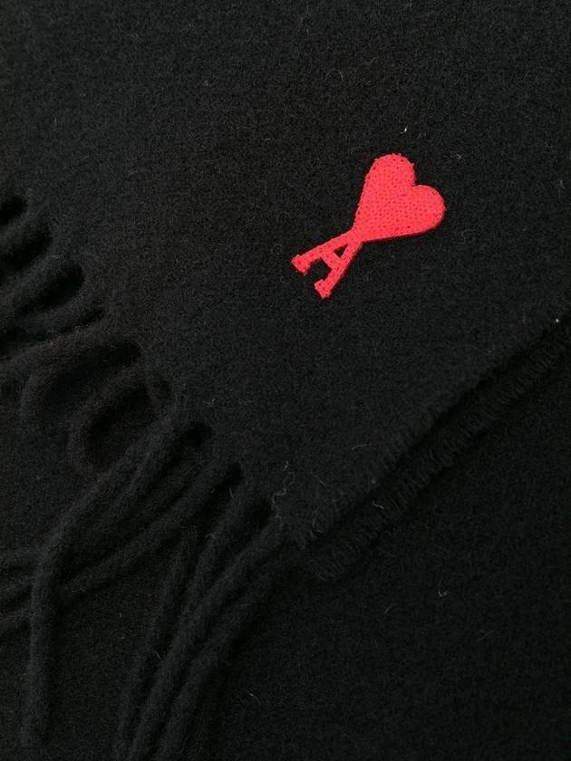Small Heart Logo Classic Wool Fringe Scarf Black - AMI - BALAAN.