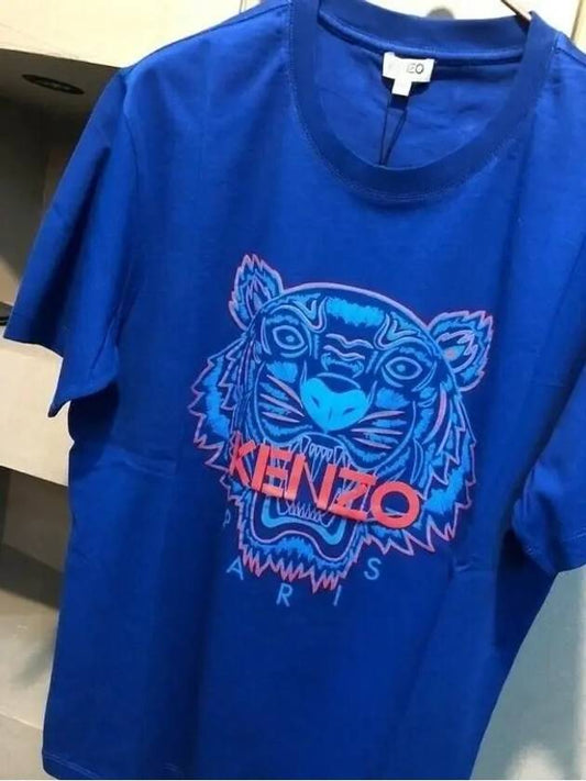 Tiger Print Short Sleeve T-Shirt Blue - KENZO - BALAAN.
