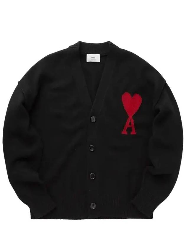 Heart Logo V Neck Wool Cardigan Black - AMI - BALAAN 2