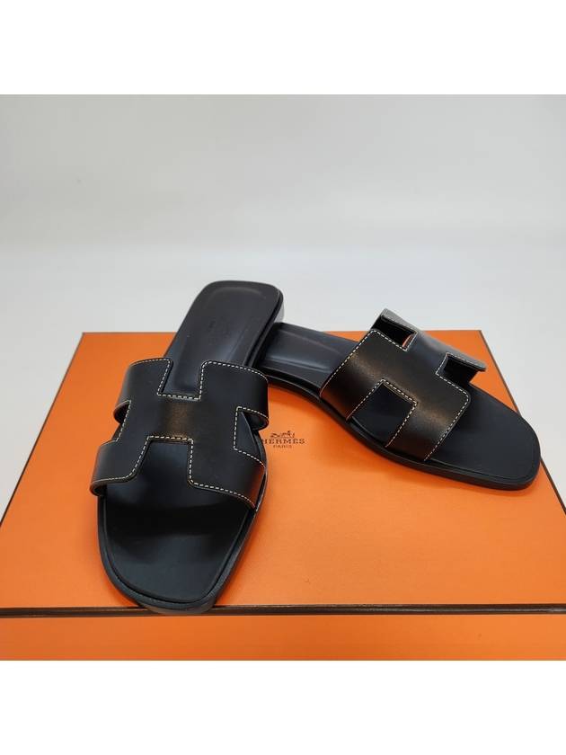 Oran Calfskin Slippers Noir Piqures Ecrues Black - HERMES - BALAAN 3