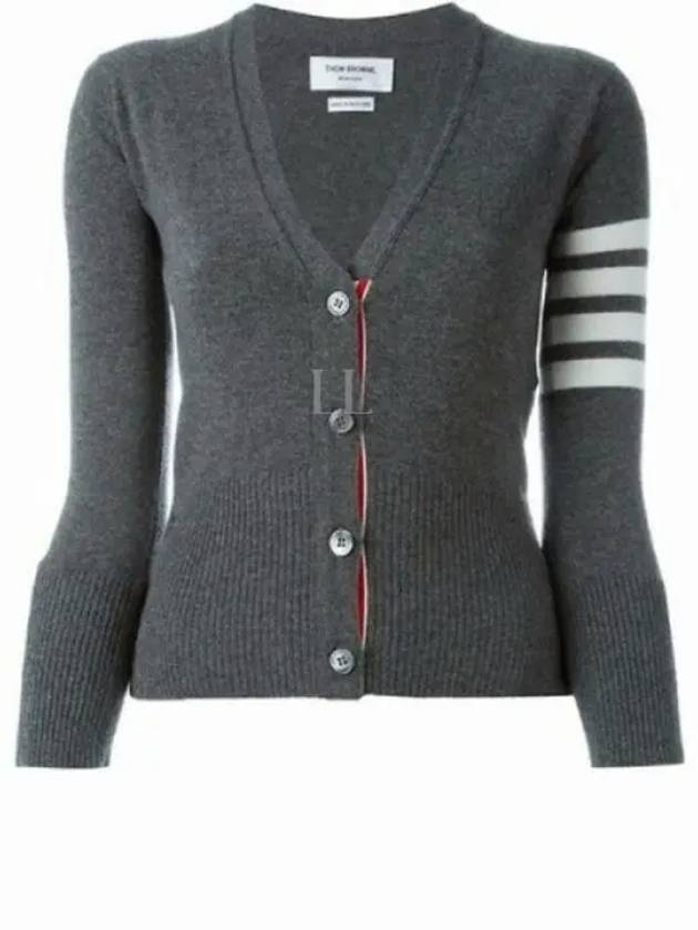 4-Bar V-Neck Cashmere Cardigan Grey - THOM BROWNE - BALAAN 2