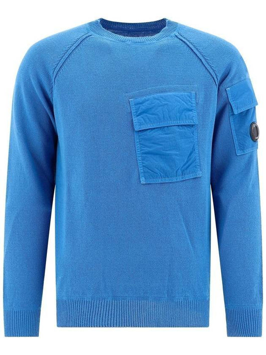 Men's Lens Wappen Pocket Cotton Knit Top Blue - CP COMPANY - BALAAN.