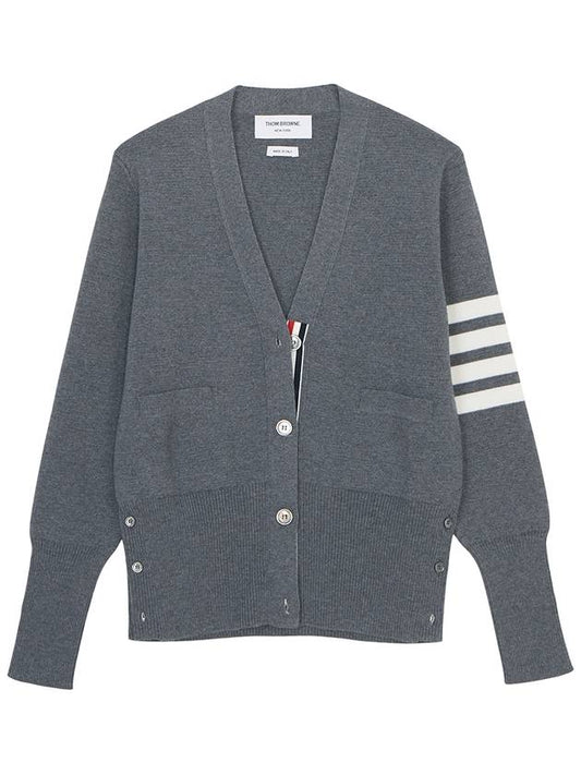 Milano Stitch 4 Bar Classic V Neck Fine Merino Wool Cardigan Medium Grey - THOM BROWNE - BALAAN 2