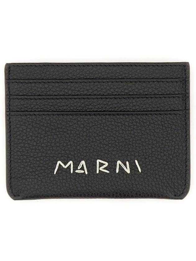 Embroidered Logo Leather Card Wallet Black - MARNI - BALAAN 3