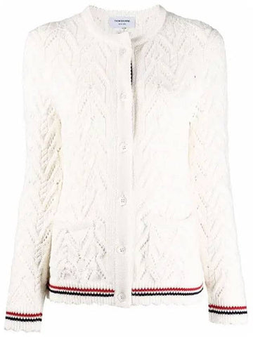 Merino Wool Pointelle Cable Knit Scallop Trim Crew Neck Cardigan White - THOM BROWNE - BALAAN 1