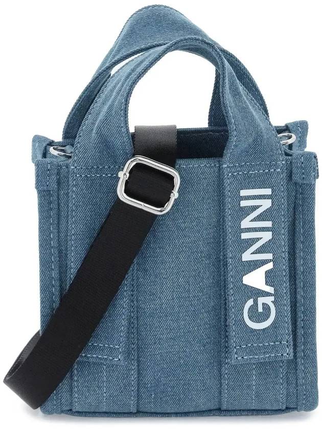 Tech Mini Logo Print Denim Tote Bag Navy - GANNI - BALAAN 2