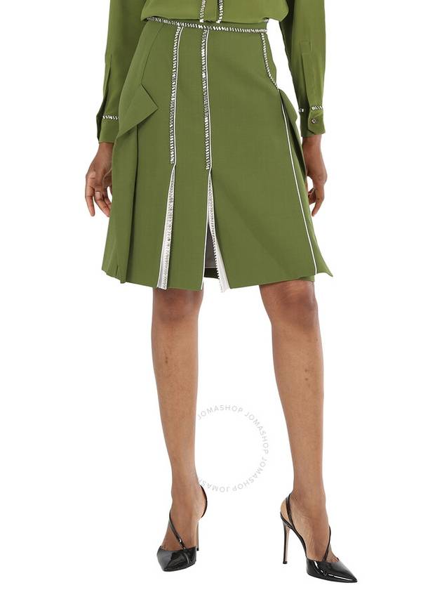 Burberry Ladies Cedar Green Crystal Detail Panelled Wool-Crepe A-Line Skirt, Brand Size 4 (US Size 2) - BURBERRY - BALAAN 1